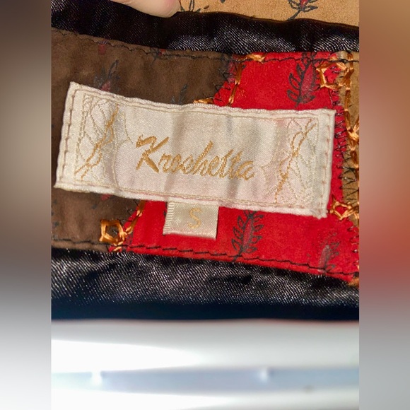 Kroshetta Patchwork Genuine-Leather Suede Jacket Small Vintage Tan/Black/Red - Picture 5 of 7